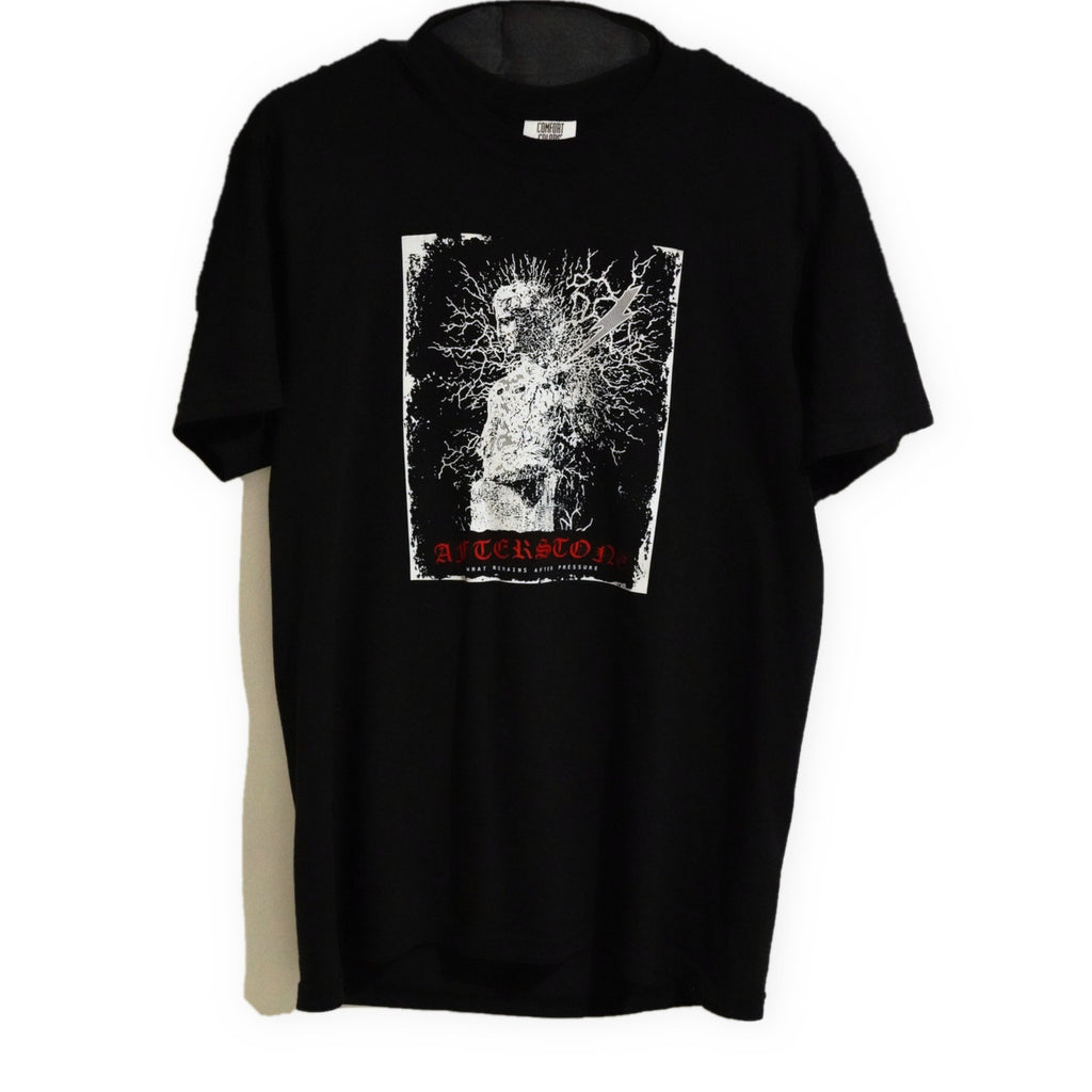 AFTERSTONE STRUCK GOD heavyweight tee in black — statue and lightning graphic printed large on the chest