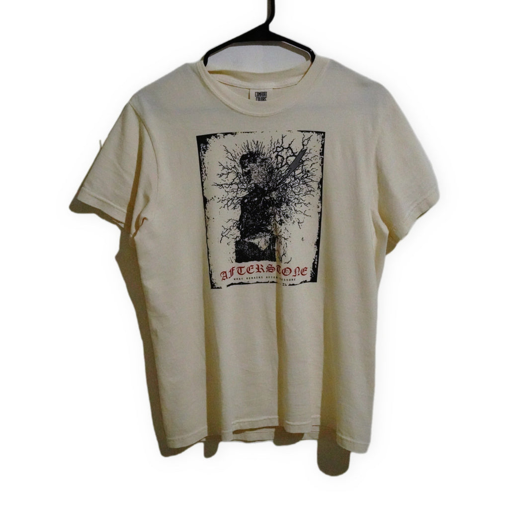 AFTERSTONE STRUCK GOD heavyweight tee in ivory — full chest graphic on a hanger