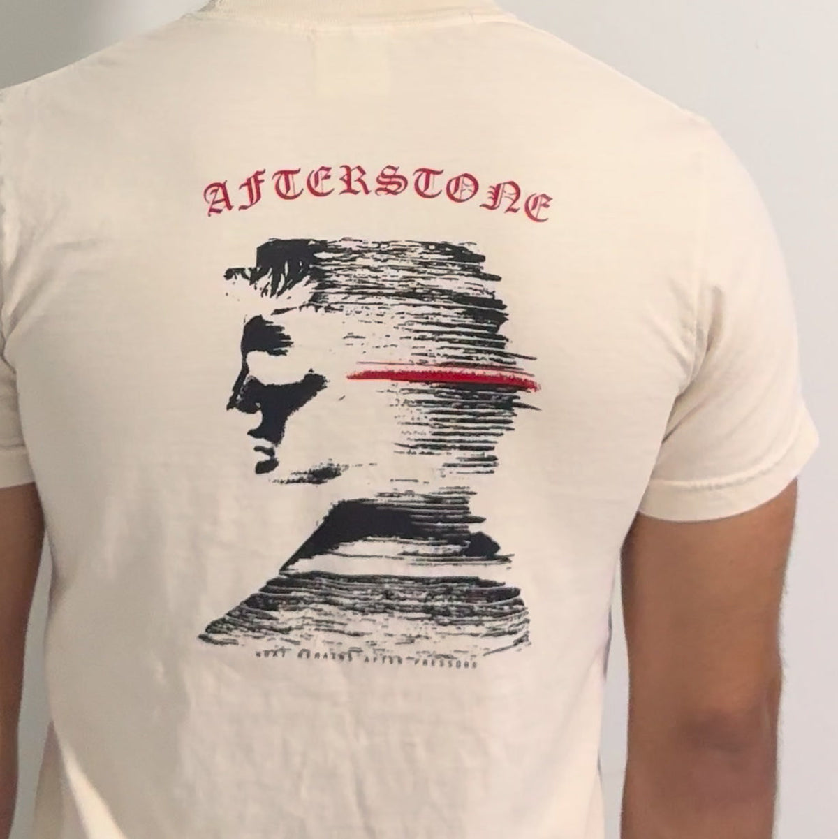 The ivory STRATUM HEAD heavyweight tee worn — head dissolving into rock strata printed large across the back
