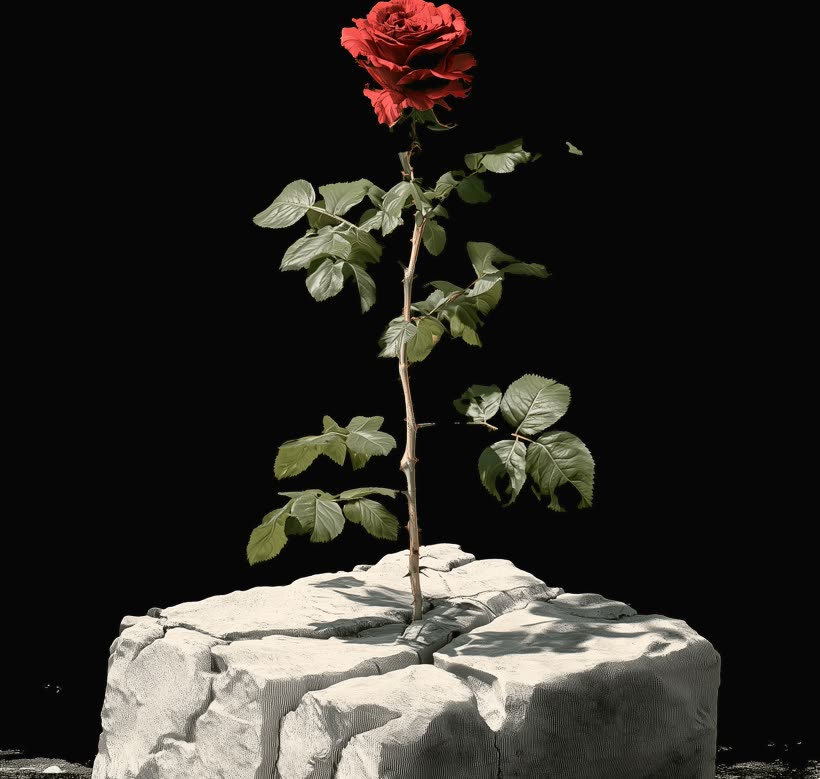 GREW ANYWAY back print &mdash; a red rose growing out of a cracked white stone block