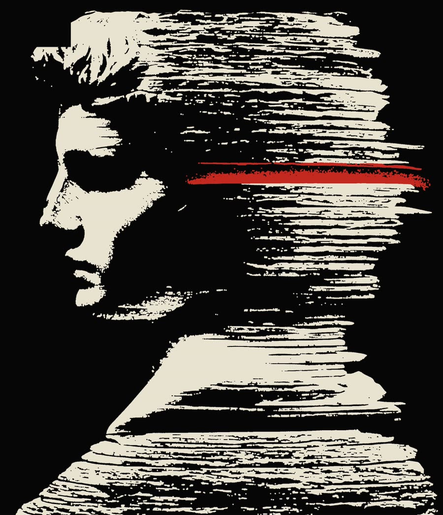 STRATUM HEAD back print &mdash; a profile head in torn strata, one red bar across the eyes