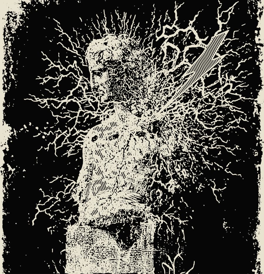 STRUCK GOD chest print &mdash; a statue caught mid-strike inside radiating white cracks