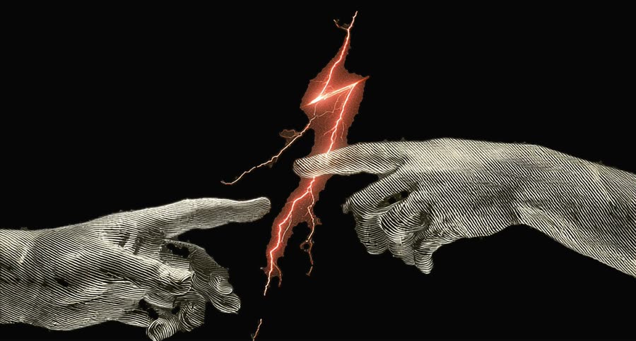THE GAP chest print &mdash; two stone hands reaching, red lightning arcing across the gap between them