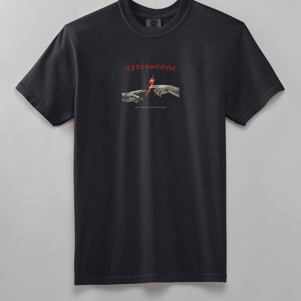 THE GAP heavyweight tee in black, front, two statue hands and a red bolt on the chest
