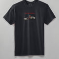 THE GAP heavyweight tee in black, front, two statue hands and a red bolt on the chest