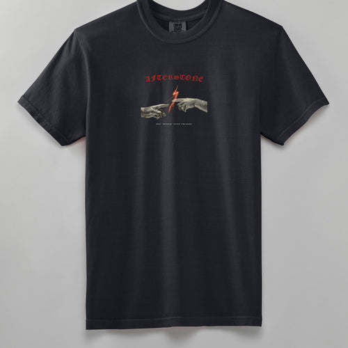 THE GAP heavyweight tee in black, front, two statue hands and a red bolt on the chest