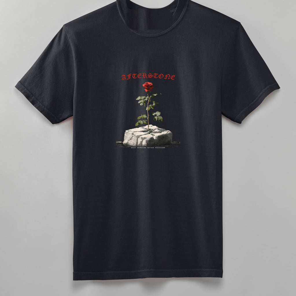 GREW ANYWAY heavyweight tee in black, back, rose growing out of cracked stone
