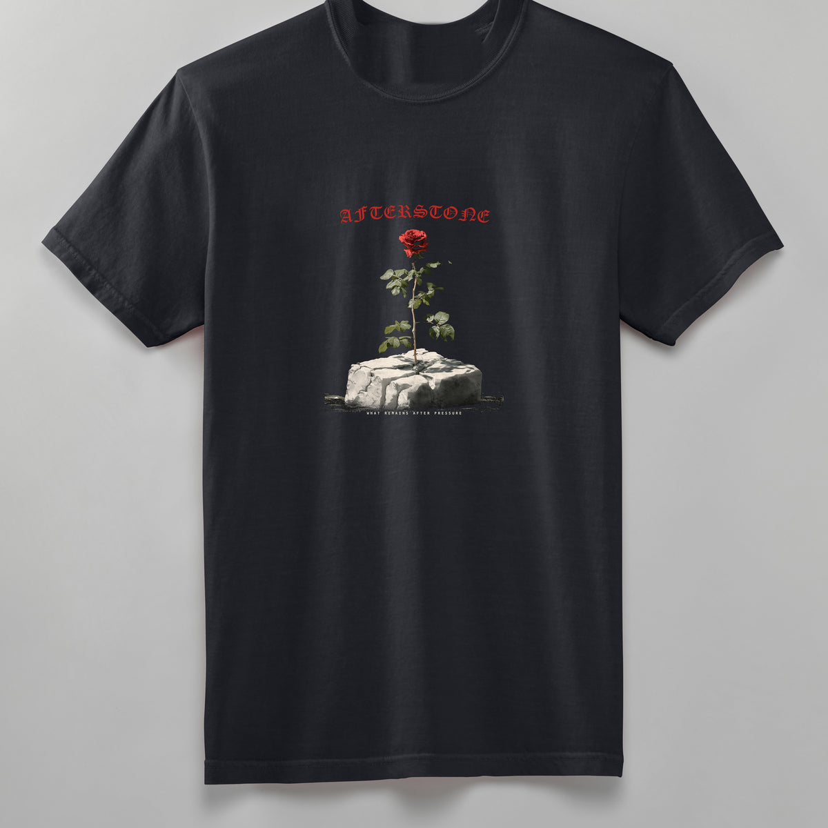 GREW ANYWAY heavyweight tee in black, back, rose growing out of cracked stone