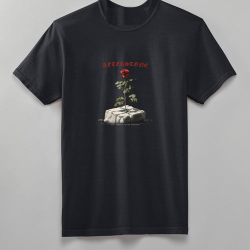 GREW ANYWAY heavyweight tee in black, back, rose growing out of cracked stone