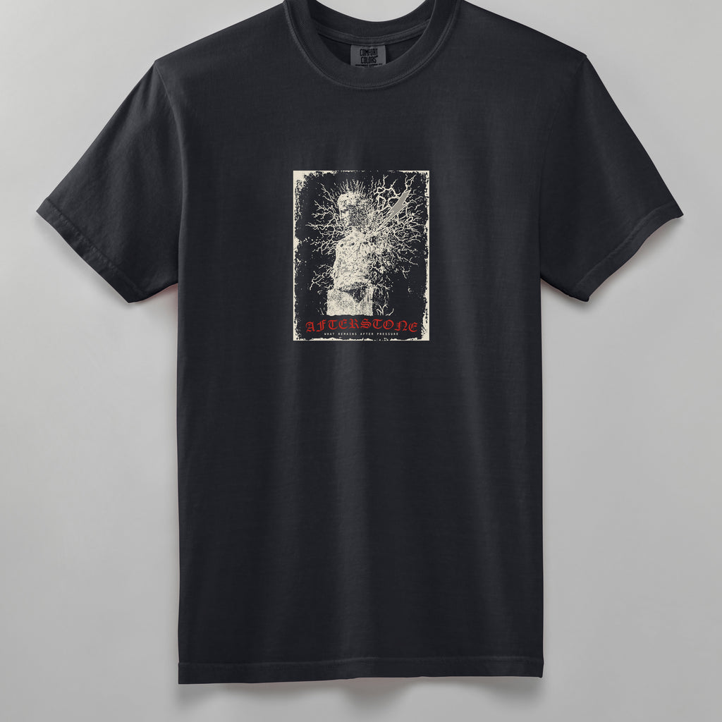 STRUCK GOD heavyweight tee in black, front, statue and lightning graphic on the chest