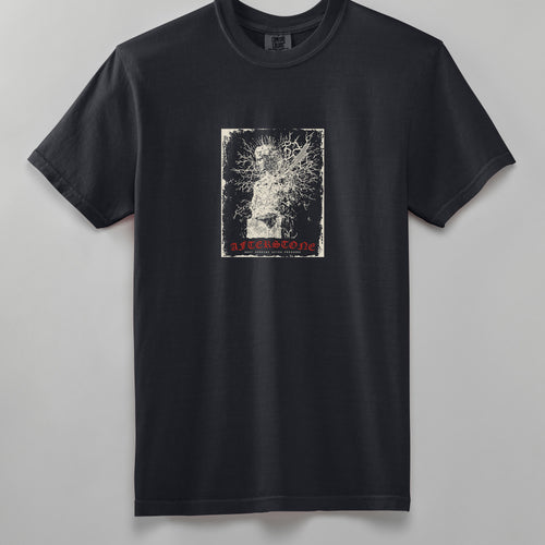 STRUCK GOD heavyweight tee in black, front, statue and lightning graphic on the chest
