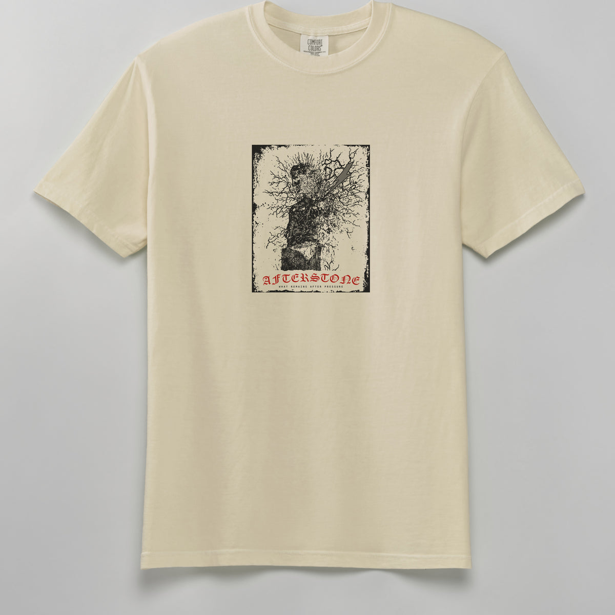 STRUCK GOD heavyweight tee in ivory, front, statue and lightning graphic on the chest