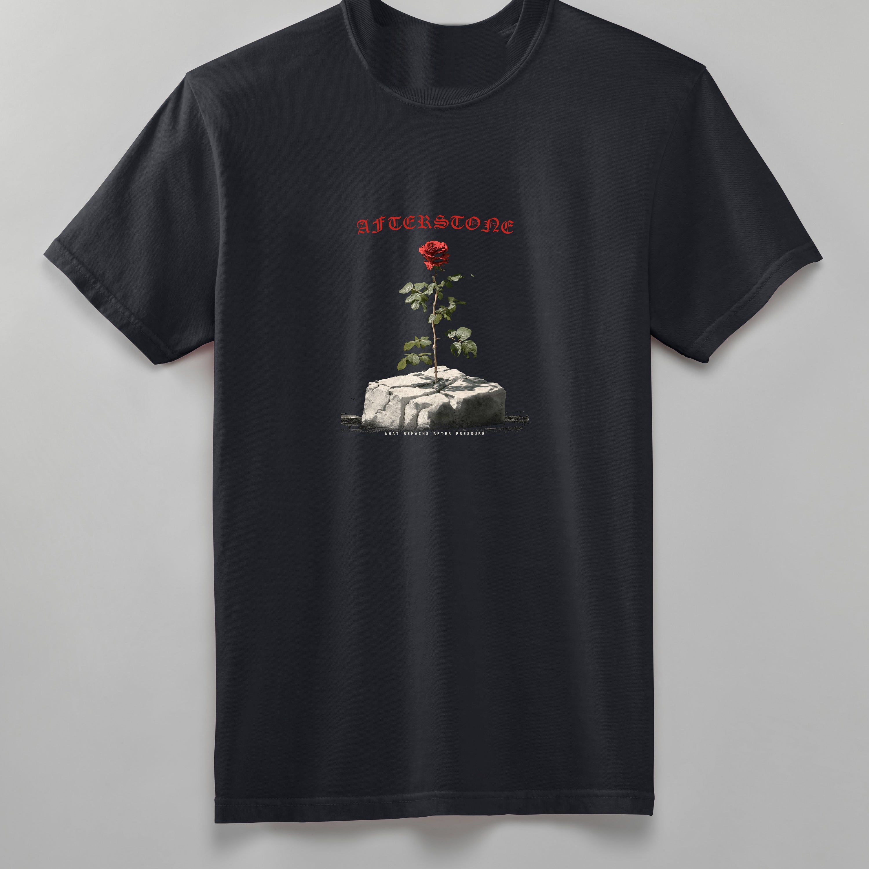 The black GREW ANYWAY tee, back, whole garment