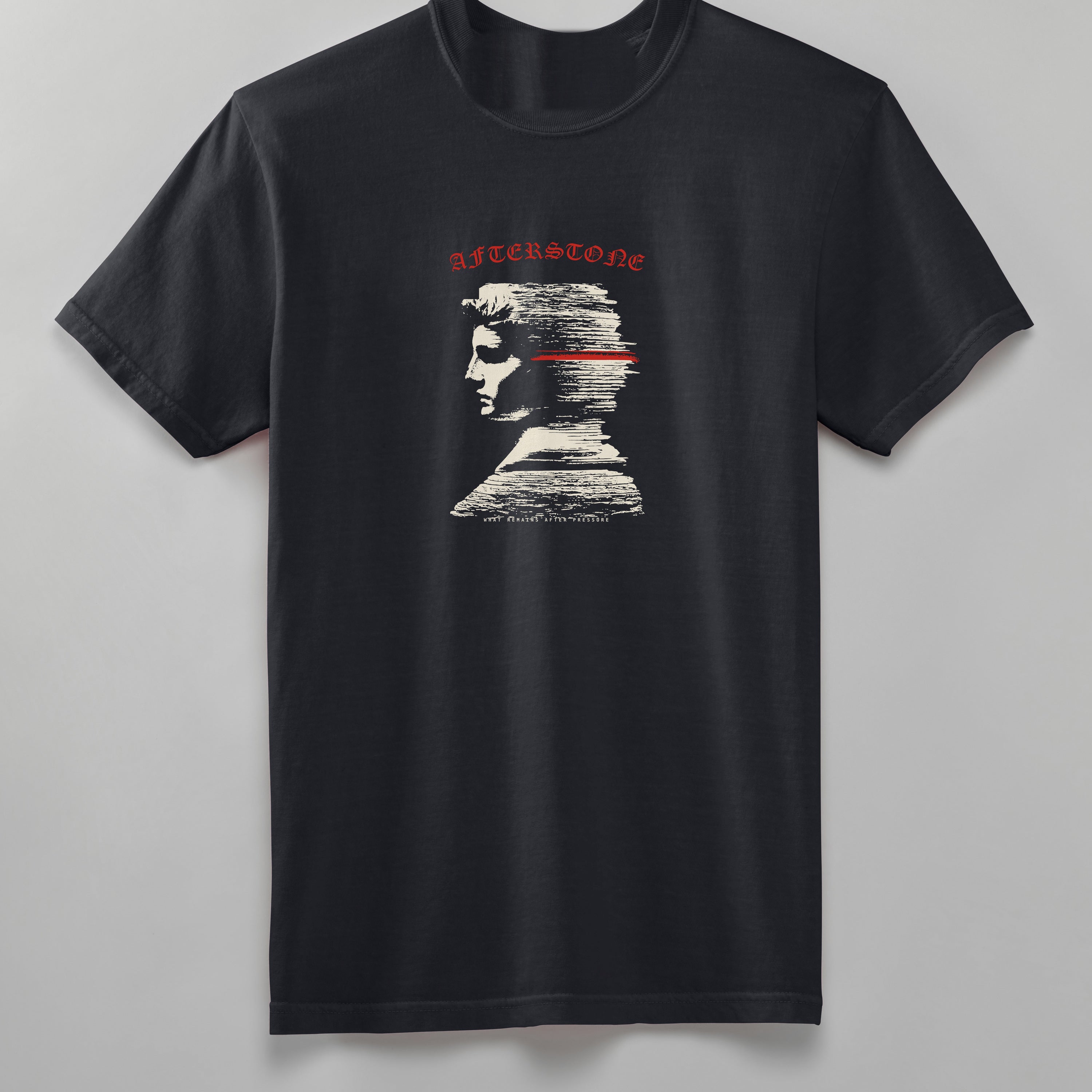 The black STRATUM HEAD tee, back print, whole garment