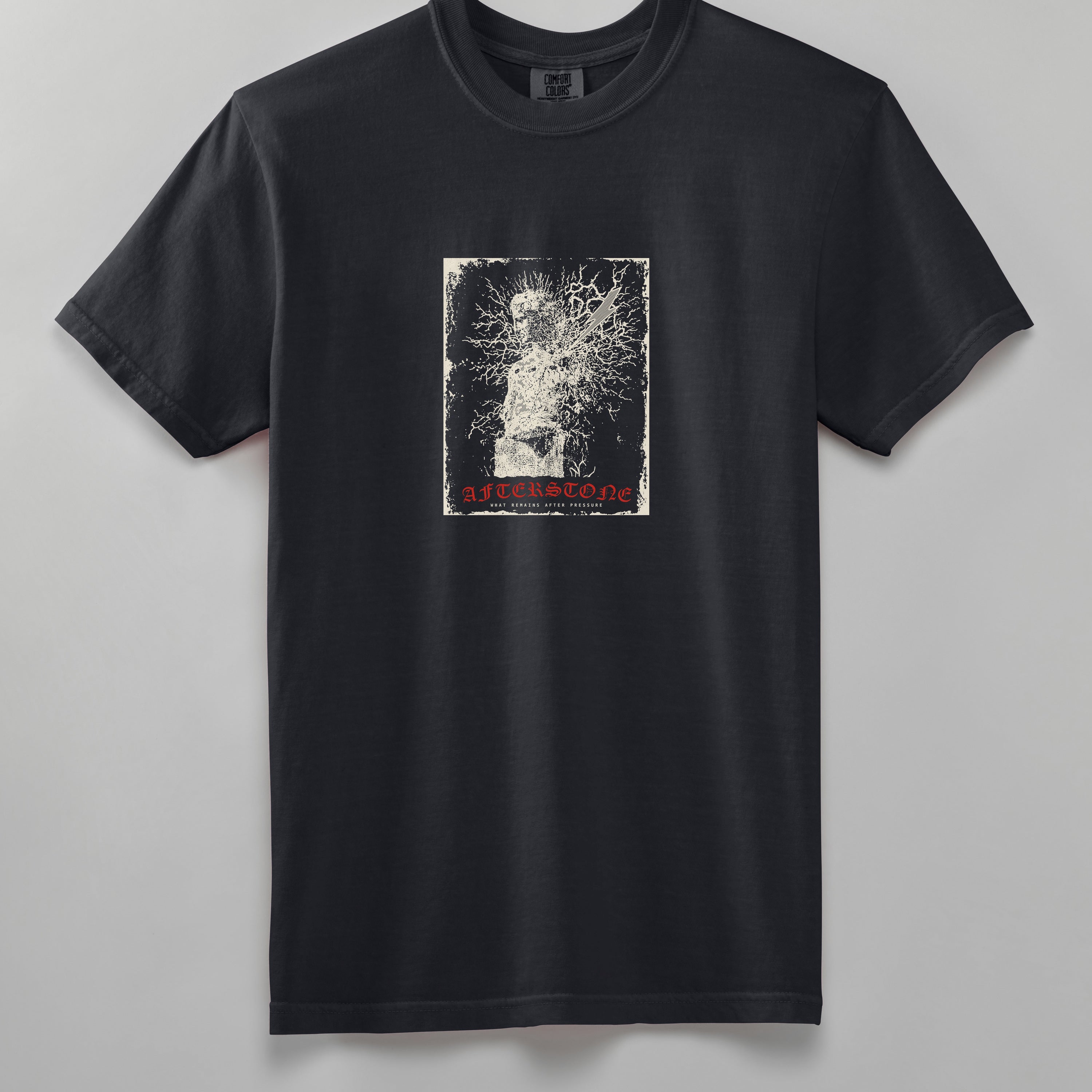 The black STRUCK GOD tee, front, whole garment
